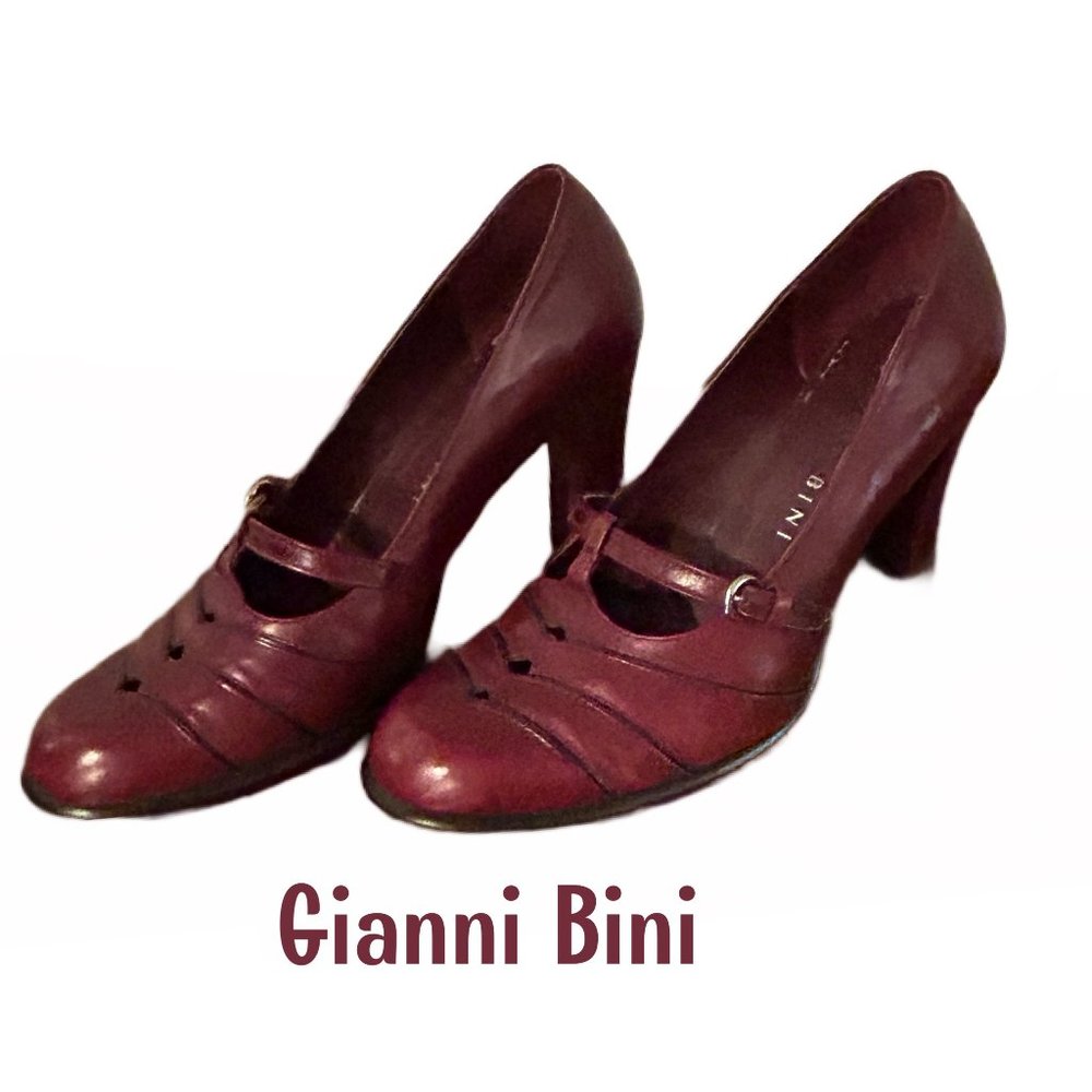 Gianni Bini Maryjane Dress Shoes Sz 7.5M Dark Red Leather Preppy High Heel Pumps